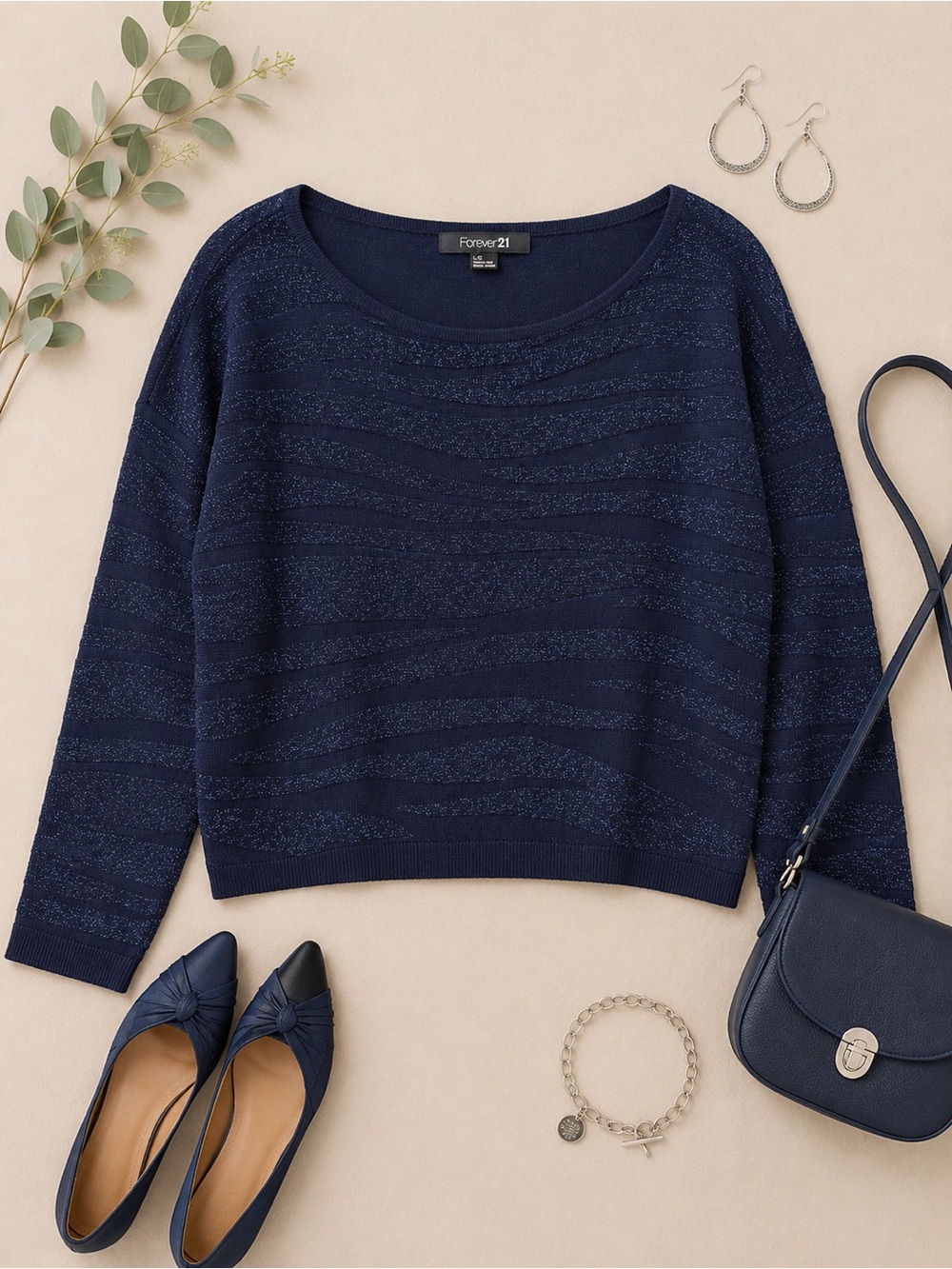 Forever 21 Navy Shimmer Striped Knit Sweater Size Large NWOT